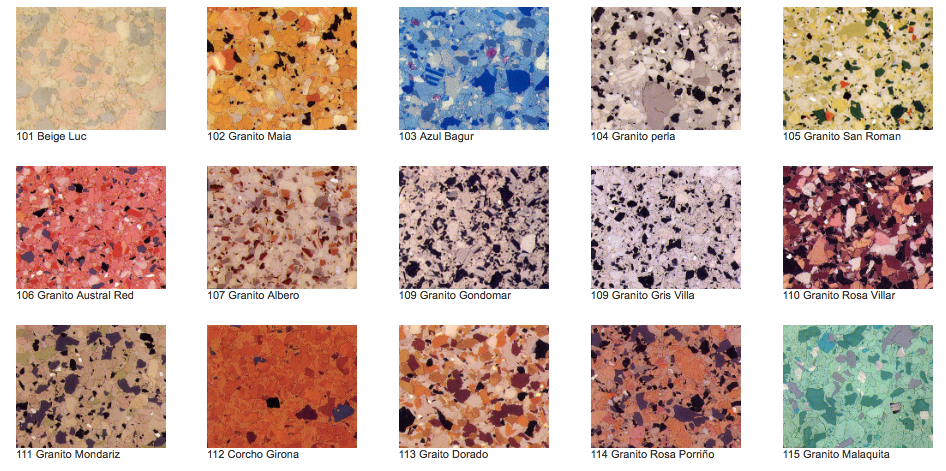 Carta de colores para las aplicaciones de suelos de resinas con chips decorativos en escamas