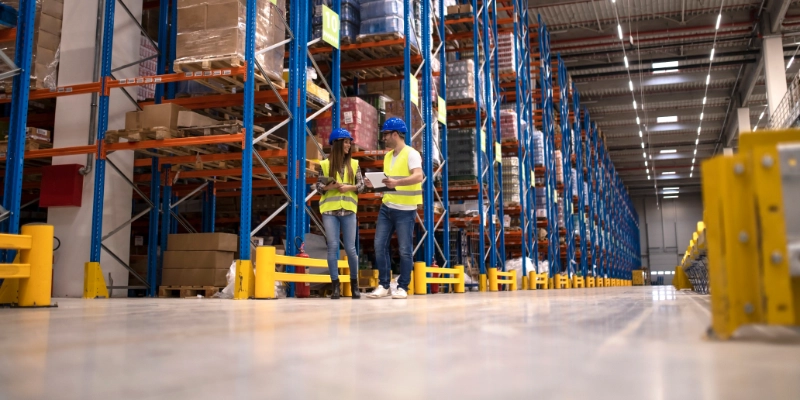 Suelo industrial para almacén de bebidas con carretillas y zonas de tránsito intensivo