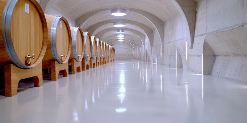 Pavimento continuo decorativo en sala de degustación de bodega, higiénico y con acabado brillante