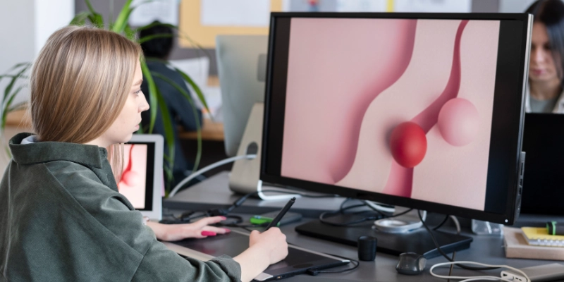 Suelos claros y continuos en sala de preimpresión con monitores de calibración de color
