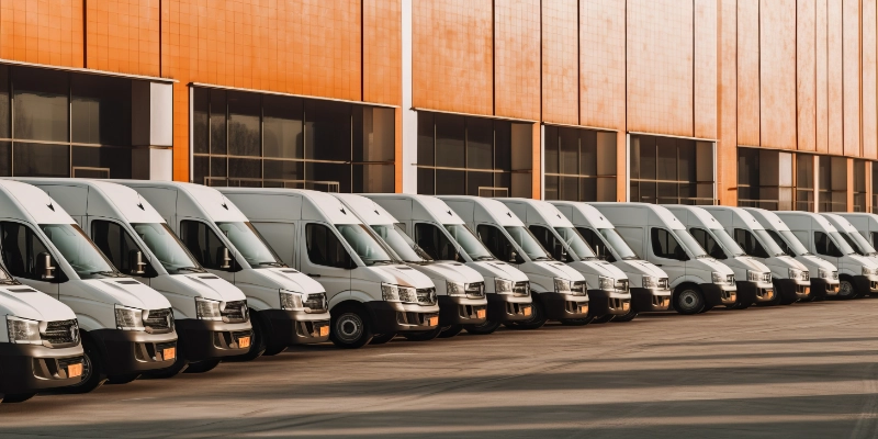 Fila de furgonetas blancas estacionadas frente a nave industrial con pavimento reforzado