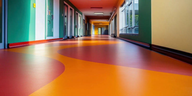 Pasillo de escuela con pavimento vinílico en tonos naranja y rojo con diseño curvo