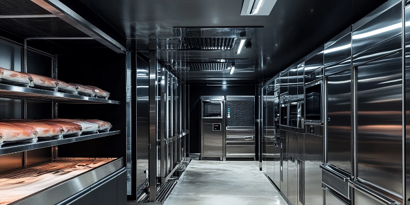 Cámara frigorífica industrial con estanterías y equipos de acero inoxidable