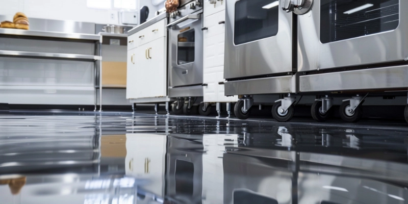 Cocina industrial con equipos de acero inoxidable y suelo continuo brillante