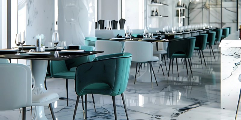 Restaurante elegante con suelo de mármol blanco y mobiliario contemporáneo
