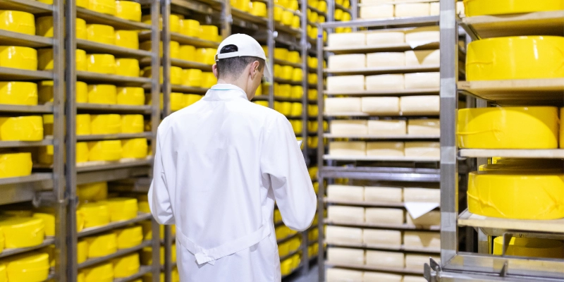 Técnico en bata blanca inspeccionando cámaras de maduración de quesos industriales