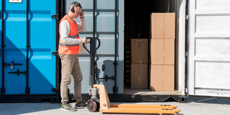 Operario con transpaleta manual descargando cajas en muelle logístico