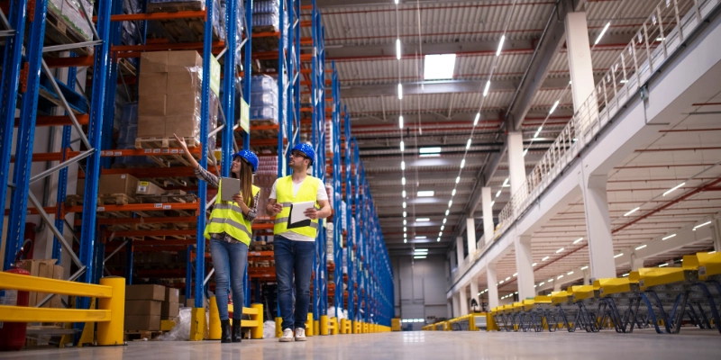 Trabajadores con chalecos reflectantes supervisando estanterías en centro logístico de gran capacidad