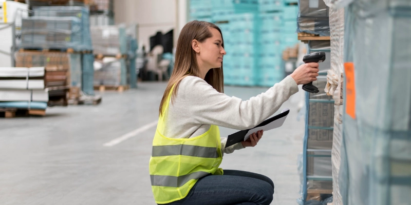 Trabajadora escaneando productos con lector de código de barras en almacén