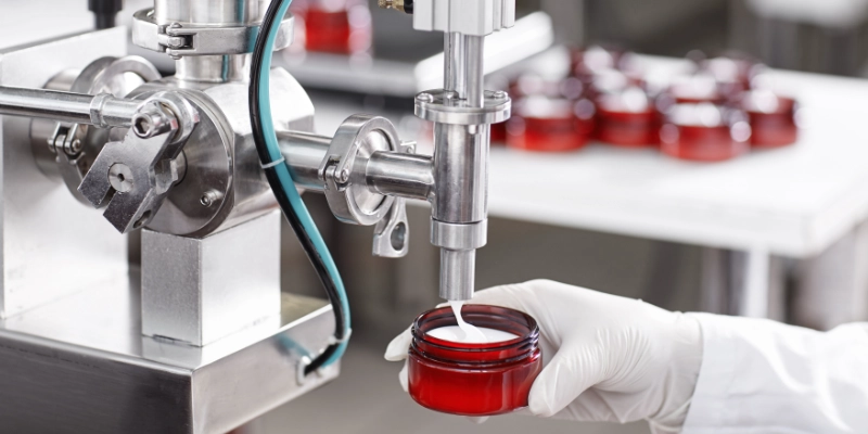 Operario llenando frascos de cosmética con crema en línea de dosificado industrial
