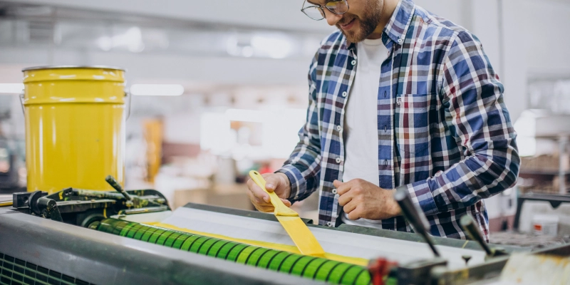 Trabajador revisando impresión industrial con tinta amarilla en máquina offset