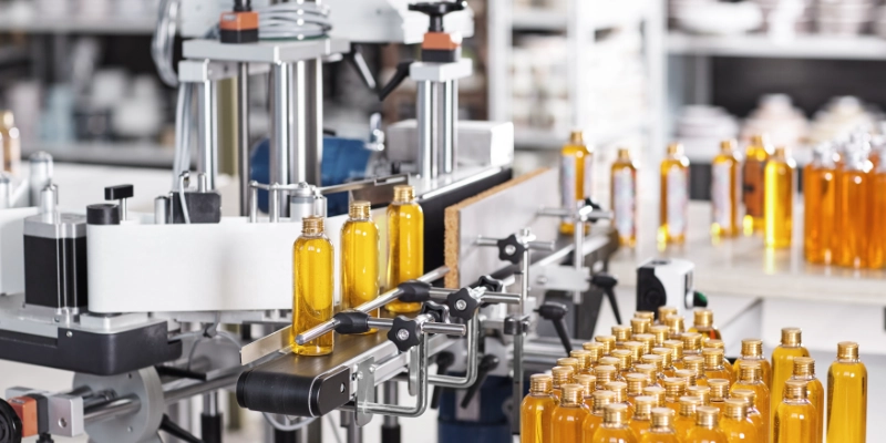 Línea automática de embotellado con envases plásticos transparentes en fábrica de packaging