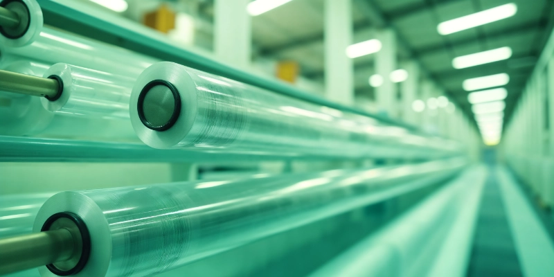 Bobinas de film plástico transparente en línea de producción de envases
