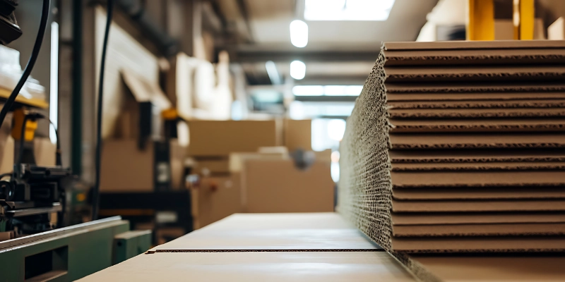 Planchas de cartón corrugado apiladas en planta de fabricación de embalajes