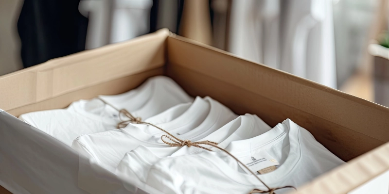 Camisetas blancas empaquetadas cuidadosamente en caja de cartón en zona de control de calidad