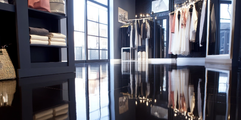 Showroom textil moderno con pavimento brillante y exposición de prendas de vestir