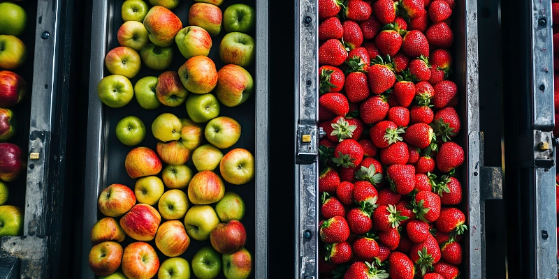 Cintas de selección y calibrado con manzanas y fresas en industria frutícola