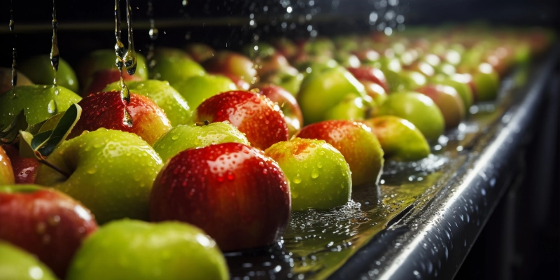 Manzanas en línea de lavado industrial con alta humedad en planta frutícola