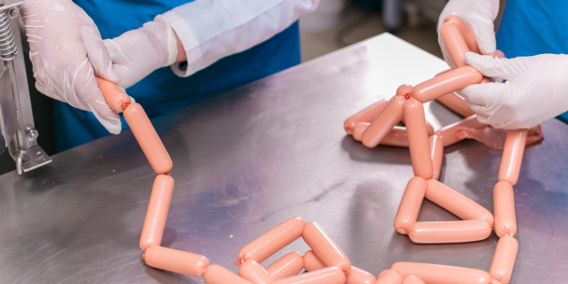 Operarios manipulando salchichas en mesa de acero inoxidable en planta cárnica