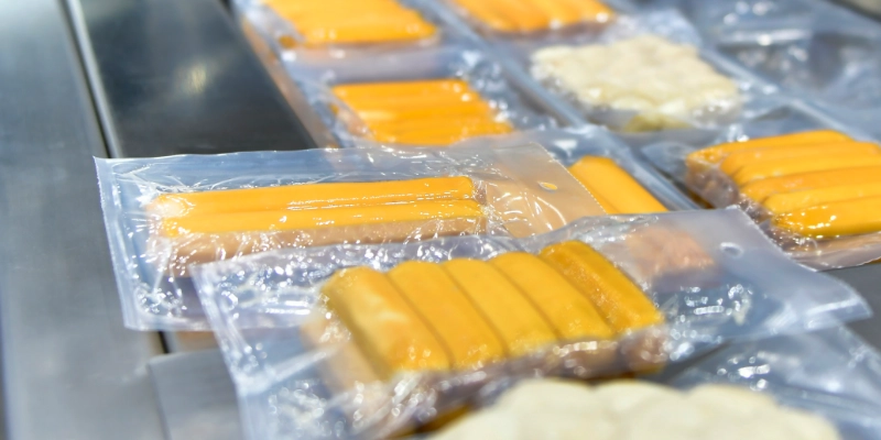 Línea de envasado de alimentos en fábrica con pavimento apto para industria cárnica