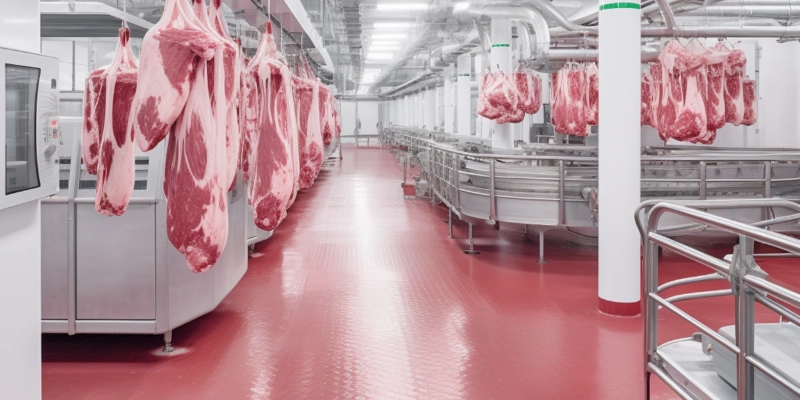 Línea de despiece cárnico con pavimento antideslizante y equipamiento industrial