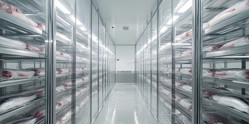 Cámara frigorífica industrial con pescado almacenado y pavimento apto para bajas temperaturas