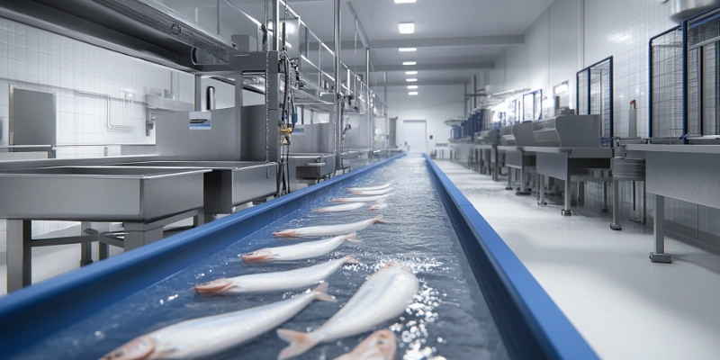 Línea de procesado de pescado en planta industrial con pavimento higiénico e impermeable